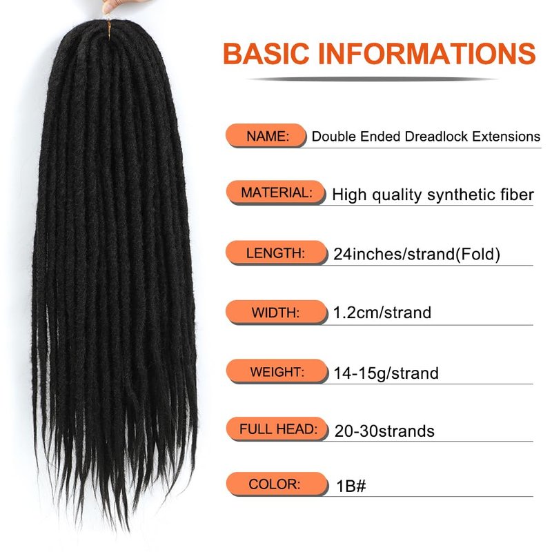 Straight Dreadlock Extensions - 24-Inch Double-Ended Synthetic Hair | Soft 1.2cm Width, 25 Strands, Color 1B#