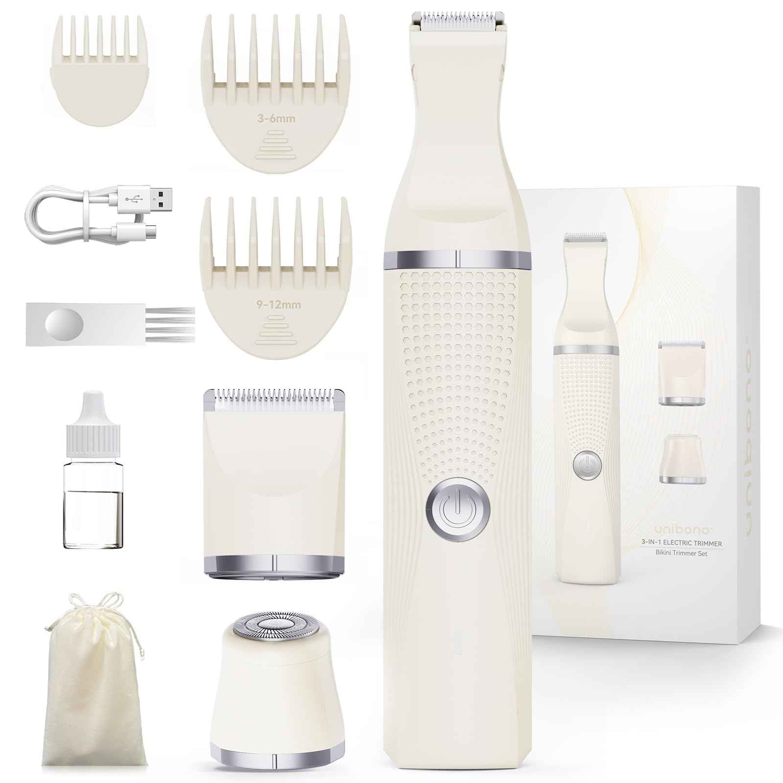 unibono 3-in-1 Electric Razor for Women - Waterproof Bikini Trimmer,Rechargeable Electric Shaver for Lady,Pubic Hair Trimmer Women,Personal Trimmer Groomer for Body Hair (Cream, LY)