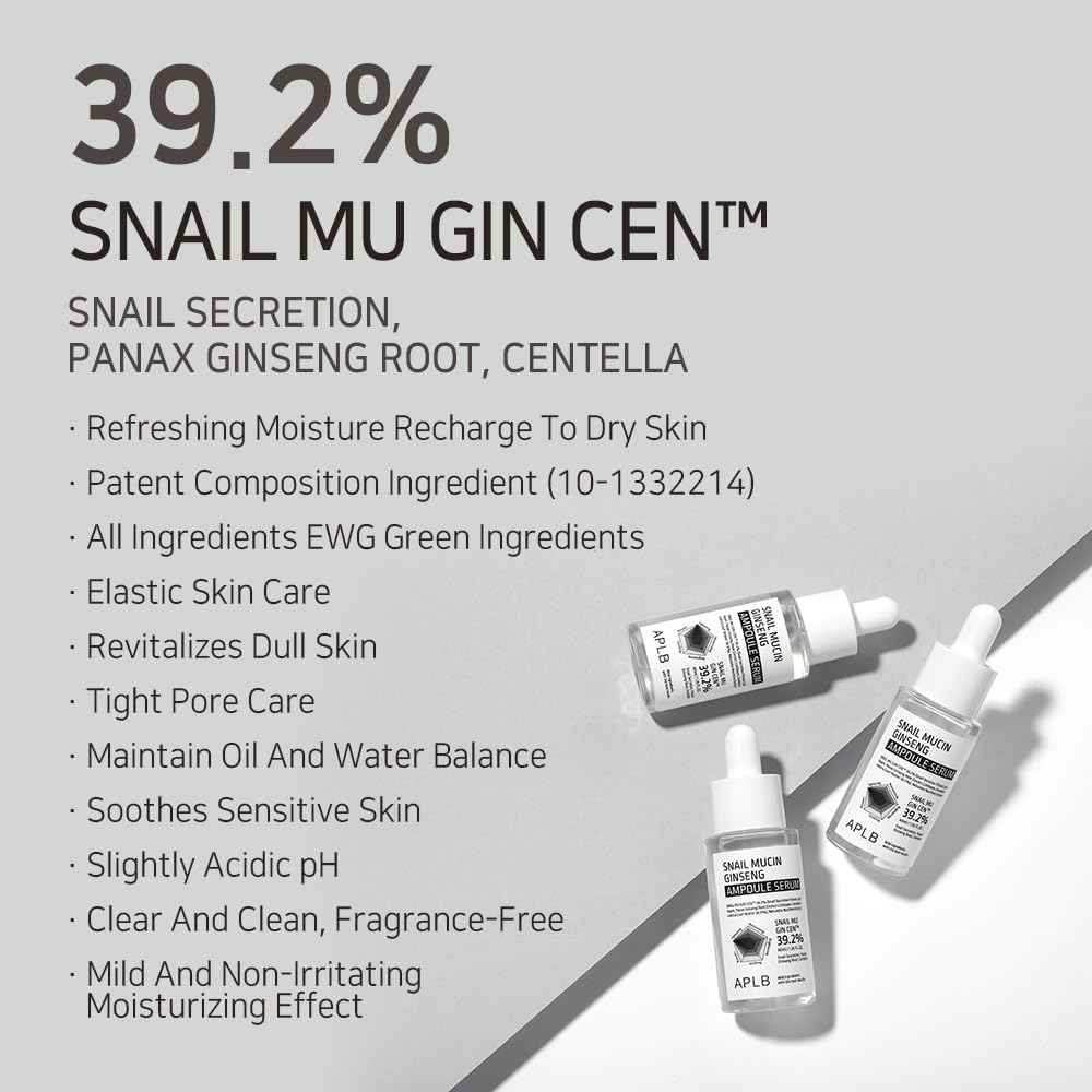 APLB Snail Mucin Ginseng Ampoule Serum | SNAIL MU GIN CEN™ 39.2% 1.35 FL.OZ/Korean Skincare, Wrinkle care, Pore care, Improve elasticity for firm skin