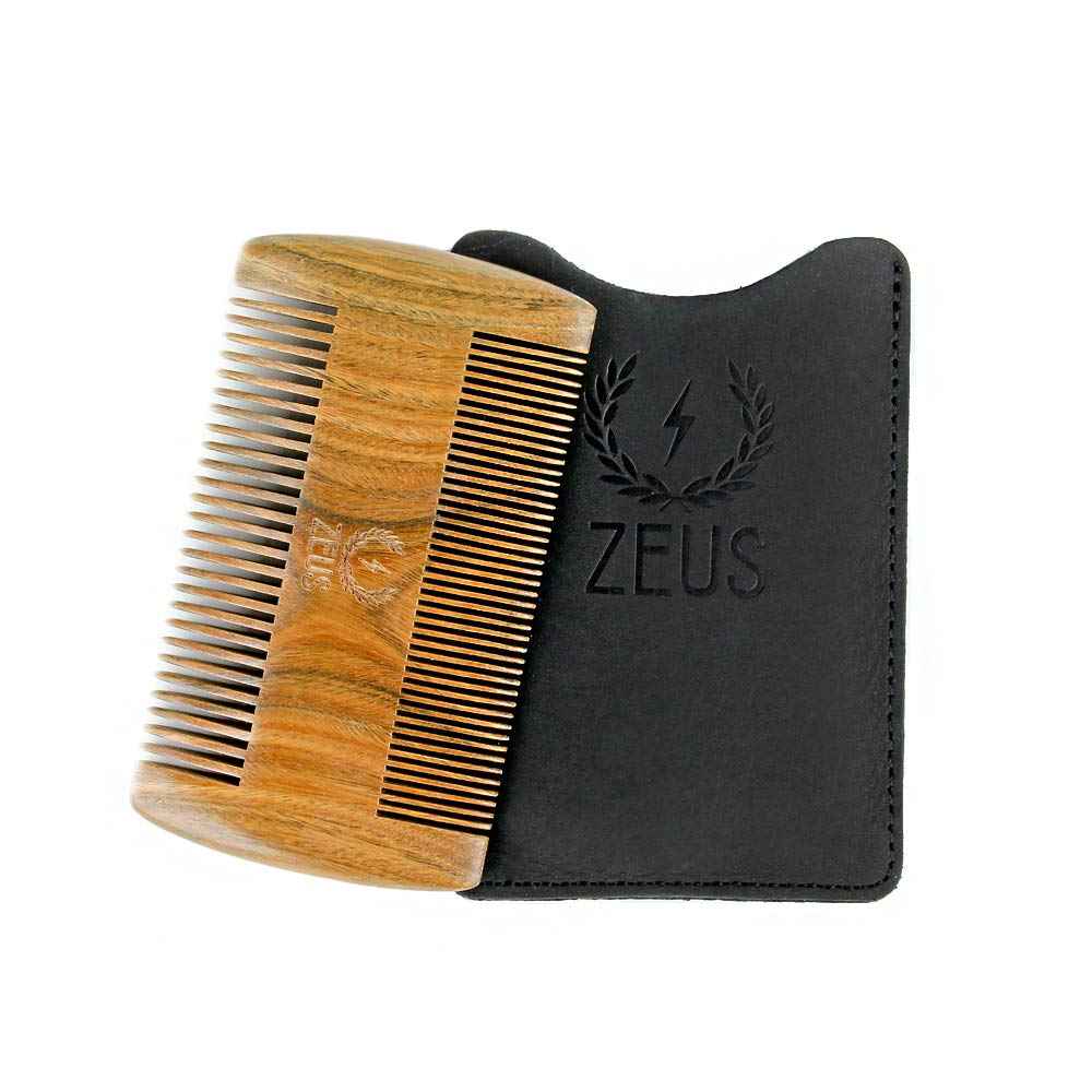 ZEUS Double-Sided Beard & Mustache Comb for Men, Natural Sandalwood Grooming Tool with Leather Case, Anti-Static & Travel Friendly (R31)
