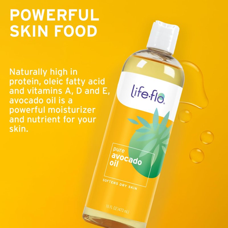 LifeFlo Pure Avocado Oil for Skin Care, Hair Care and Massage, Cold Pressed, Face and Body Moisturizer, Naturally Rich in Protein, Vitamins A, D and E, 60-Day Guarantee, Not Tested on Animals, 16oz