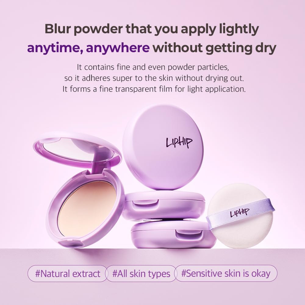 LIPHIP Blur Powder Pact - Pressed Powder Compact with Mirror and Puff Makeup Setting, Blurs Fine Lines & Imperfections, All Day Wear, Perfect for On The Go, Face Sebum Oil Control (03.Natural, One)
