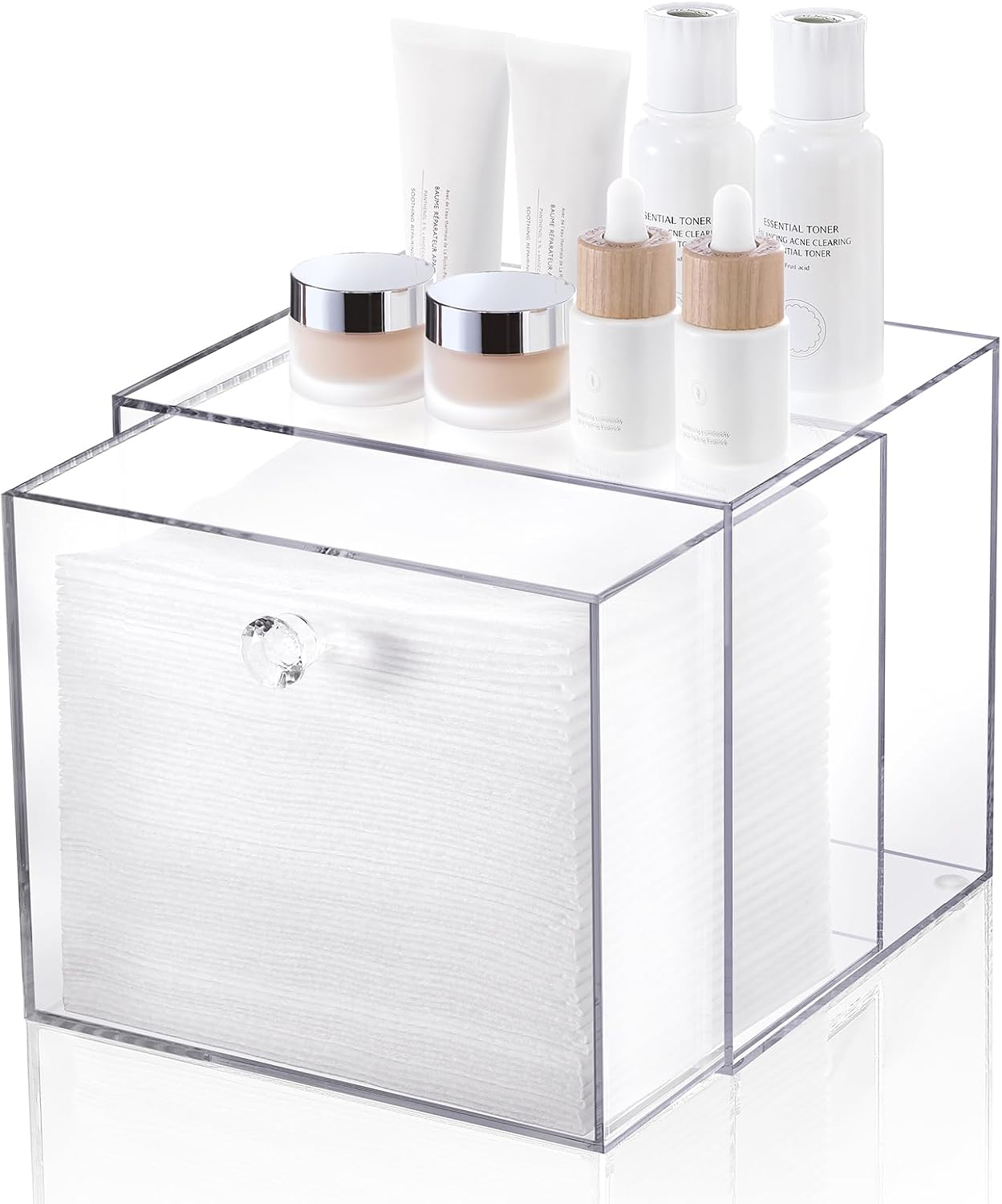 Disposable Face Towel Container Box - Acrylic Makeup Organizer with Drawer | Stackable Vanity & Bathroom Storage
