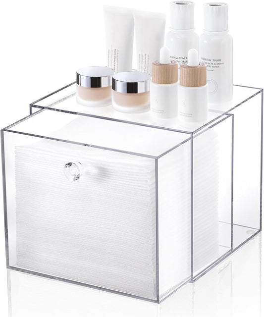 Disposable Face Towel Container Box - Acrylic Makeup Organizer with Drawer | Stackable Vanity & Bathroom Storage