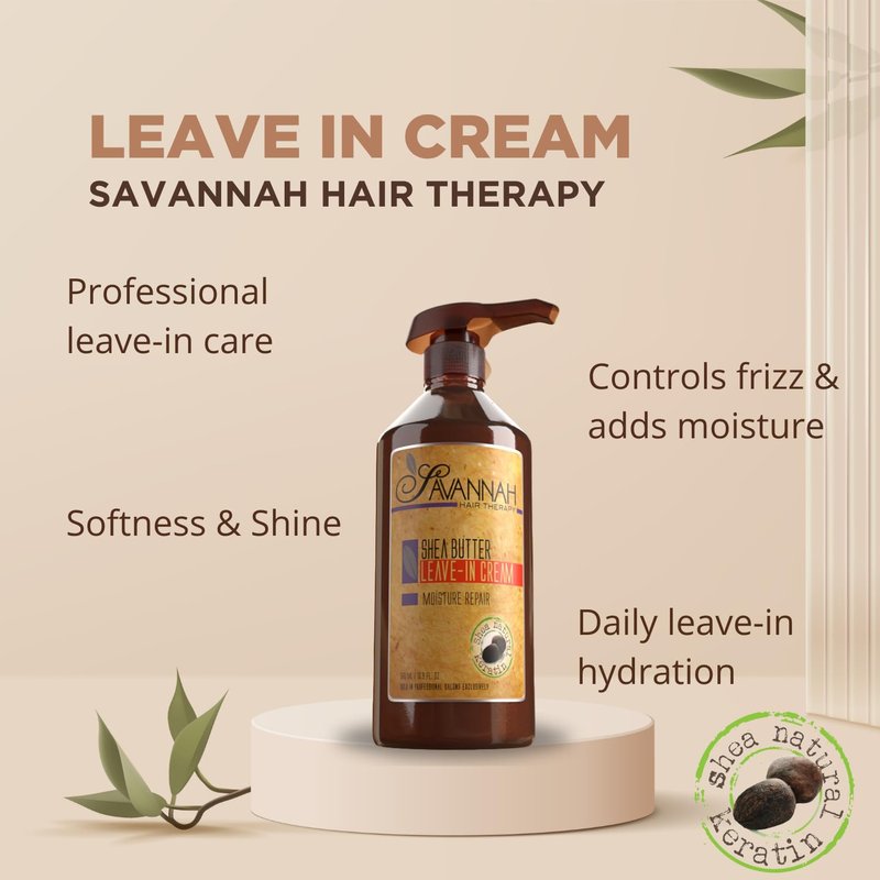 Savannah Hair Therapy Leave-In Cream - Moisturizing Anti-Frizz Treatment with Shea Butter & Keratin | 500 ml (16.9 oz)