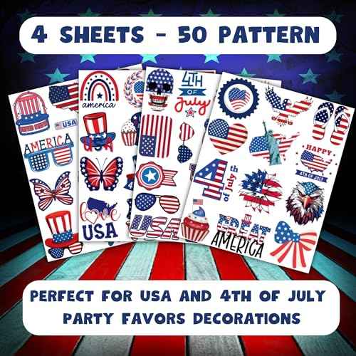 50 PCS Fourth of July Temporary Tattoos for Kids, Red White and Blue Themed Tattoos for Birthday Party Supplies USA Flag Memorial Day Independence Day Labor Day Tattoo Stickers for Kids Boys Girls