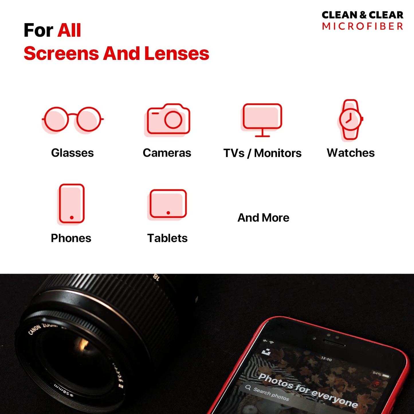 Clean & Clear Microfiber Cleaning Cloth, Extra Large [12 Pack] Ultra Premium Microfiber Cleaning Cloth - Microfiber Cloth for Camera Lens, Glasses, Screens, and All Lens.