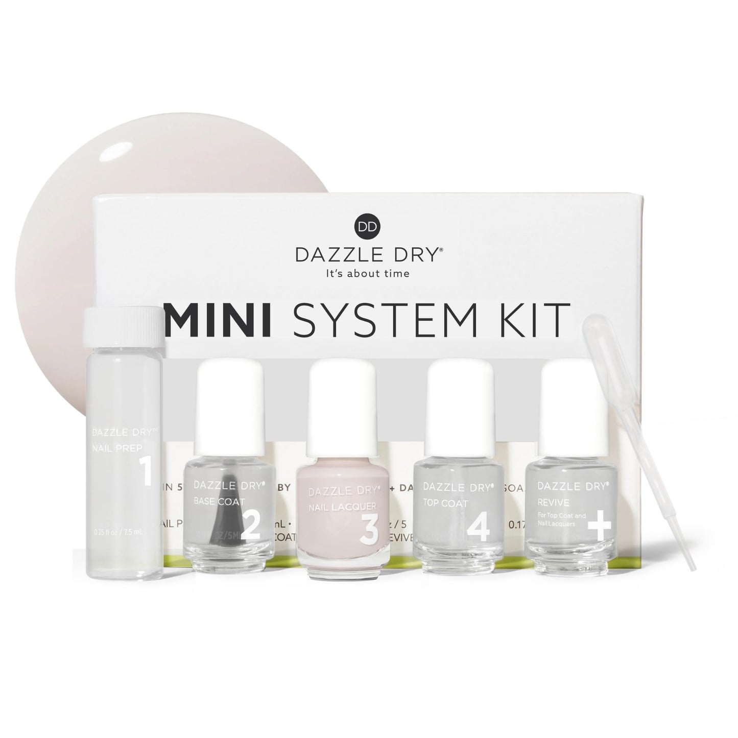 Dazzle Dry Mini Kit 4 Step System - At First Blush - A pale, subtle off-white pink. Full coverage cream. (5 Piece Kit / 5 Manicures)