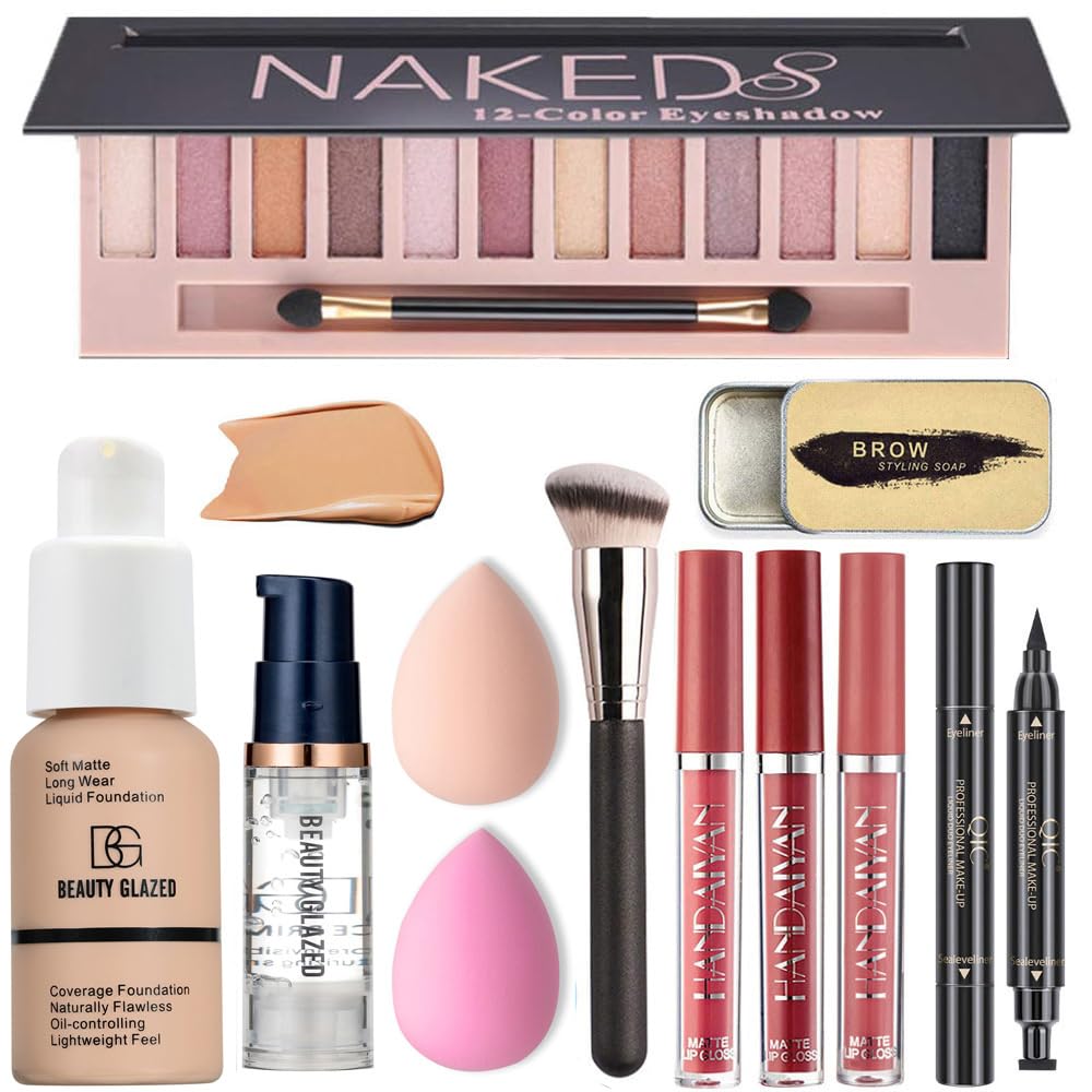 All in One Makeup Kit for Women Full Kit – 12 Color Shimmer Eyeshadow Palette, Buff Beige Foundation, Liquid Lipsticks, Face Primer, Brow Soap, Winged Eyeliner Stamp, Makeup Brush & Sponges Gift Set