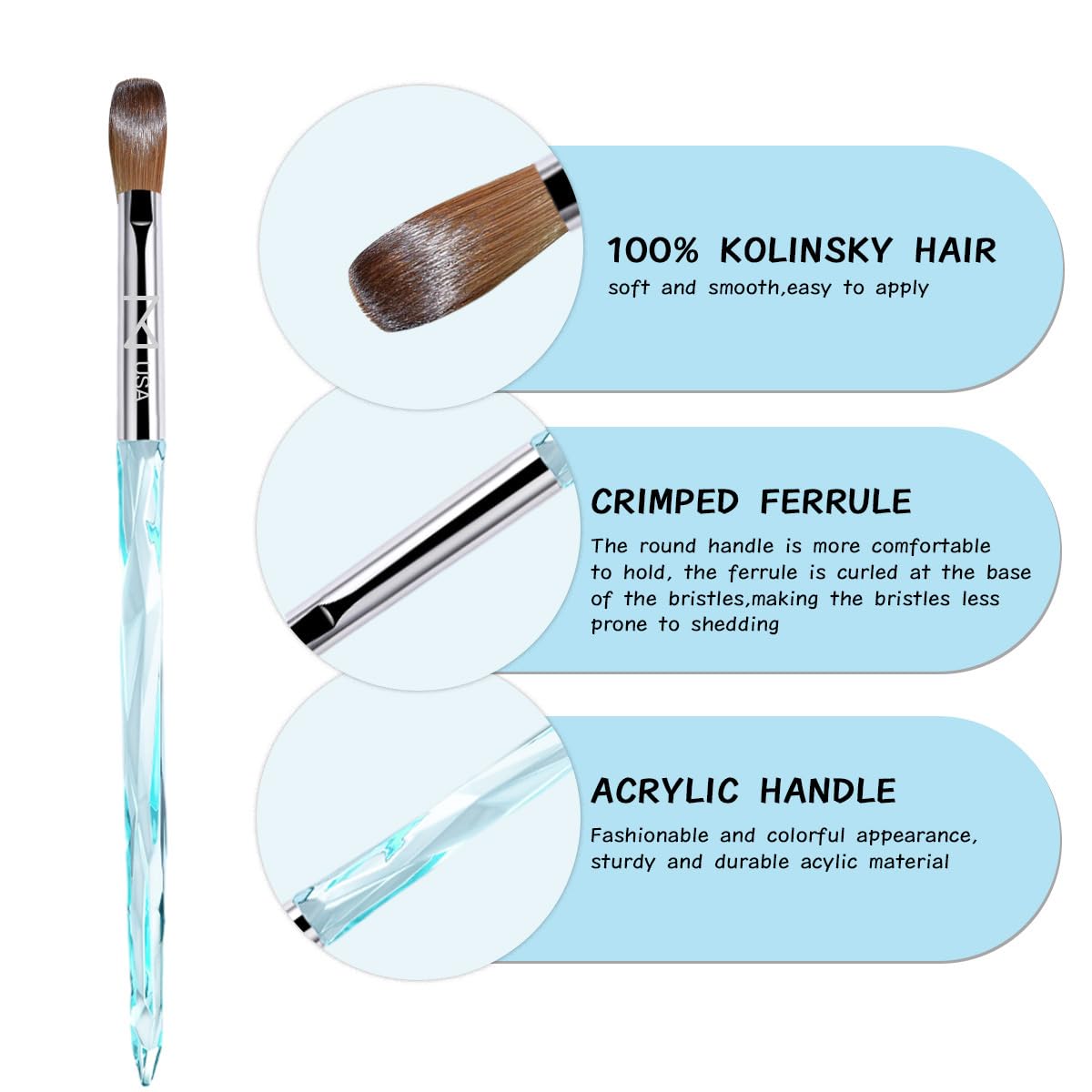 M ProK 100% Kolinsky Acrylic Nail Brush – Professional Nail Brush for Acrylic Application with Crystal Blue Handle – Handcrafted Salon Quality Tool (Size #16)