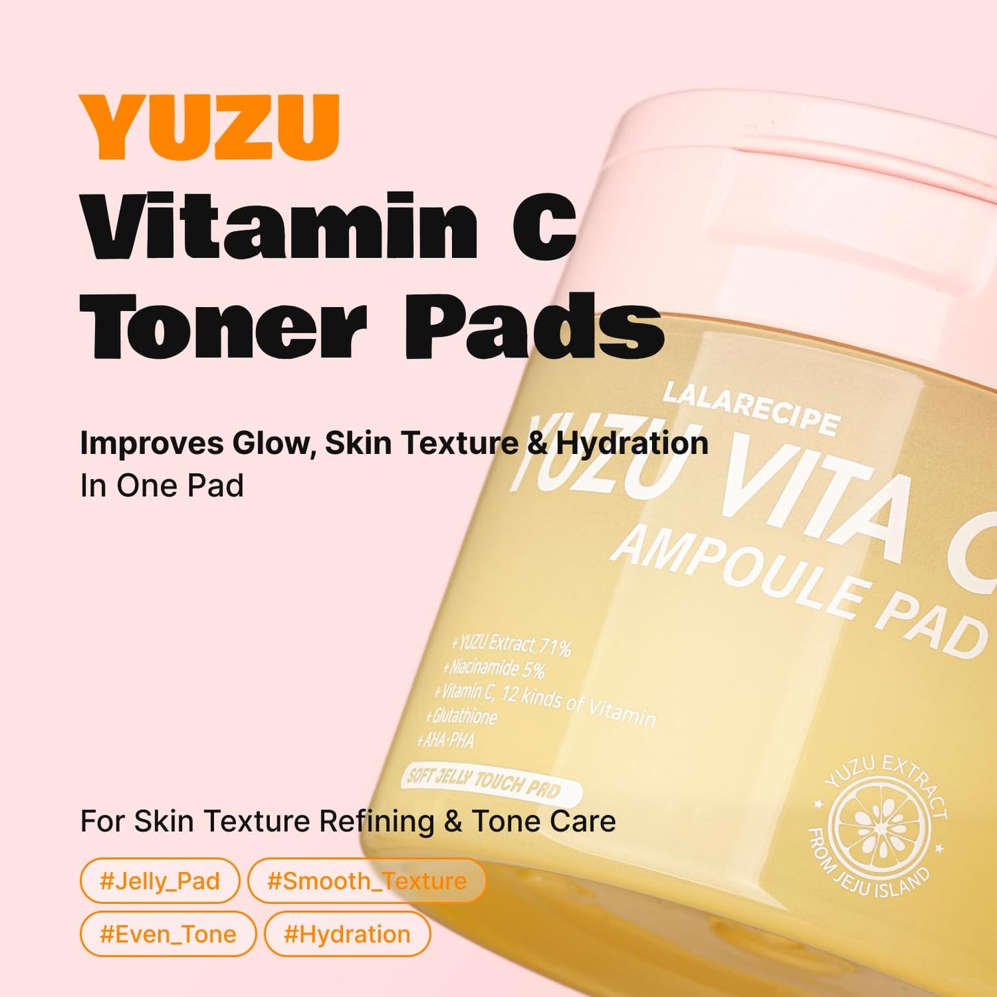 LALARECIPE Yuzu Vitamin C Toner Pads, 71% Yuzu Extract with 5% Niacinamide & 12 Vitamins, Exfoliating with Glutathione AHA PHA, For All Skin Types, Korean Skin Care, 80 Pads (5.07 Fl Oz)