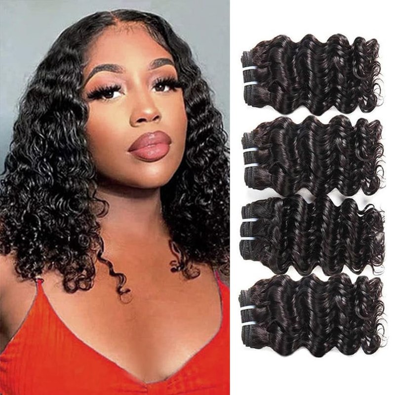 Deep Wave Human Hair Bundles - Unprocessed Brazilian Curly Weave, Double Weft, Natural Black | 12 Inch, 50g, 4 Bundles for Full Head