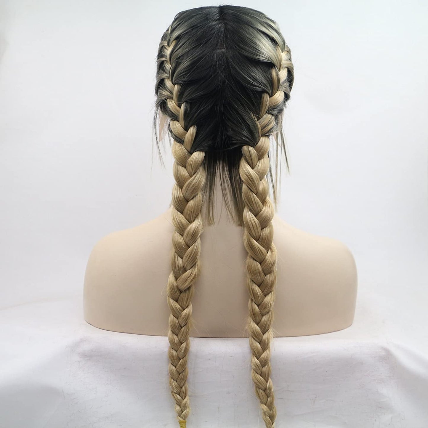Brown & Dark Root Double Braids Synthetic Lace Front Wig - 24 Inch Heat Resistant Fiber for Women & Cosplay