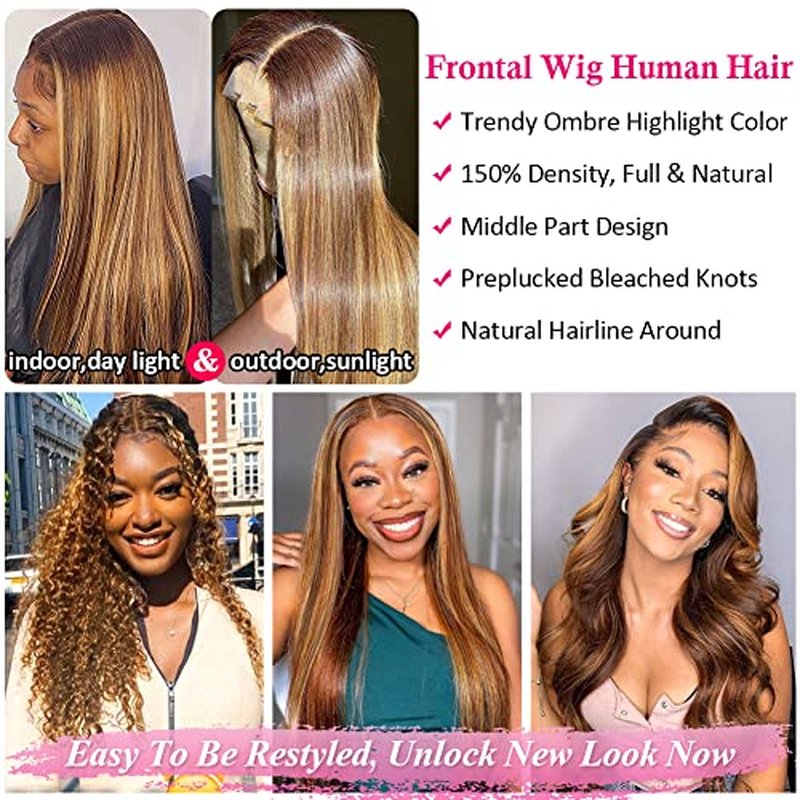 Flady Highlight Ombre Blonde Lace Front Wig Human Hair #4/30 Colored Glueless Wigs Human Hair Pre Plucked with Baby Hair 180 Density Straight HD Lace Frontal Wigs for Black Women
