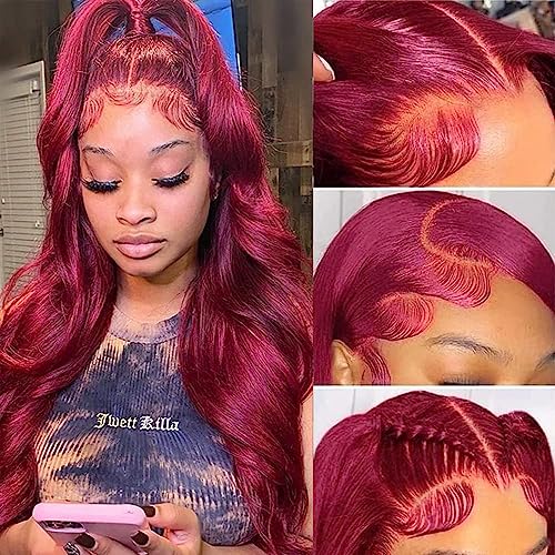 CHEETAHBEAUTY 99j Burgundy Lace Front Wigs Human Hair 16Inch 13x6 Burgundy Wig Human Hair 220% Density Brazilian Virgin Straight Human Hair Wigs for Women Pre Plucked with Baby Hair