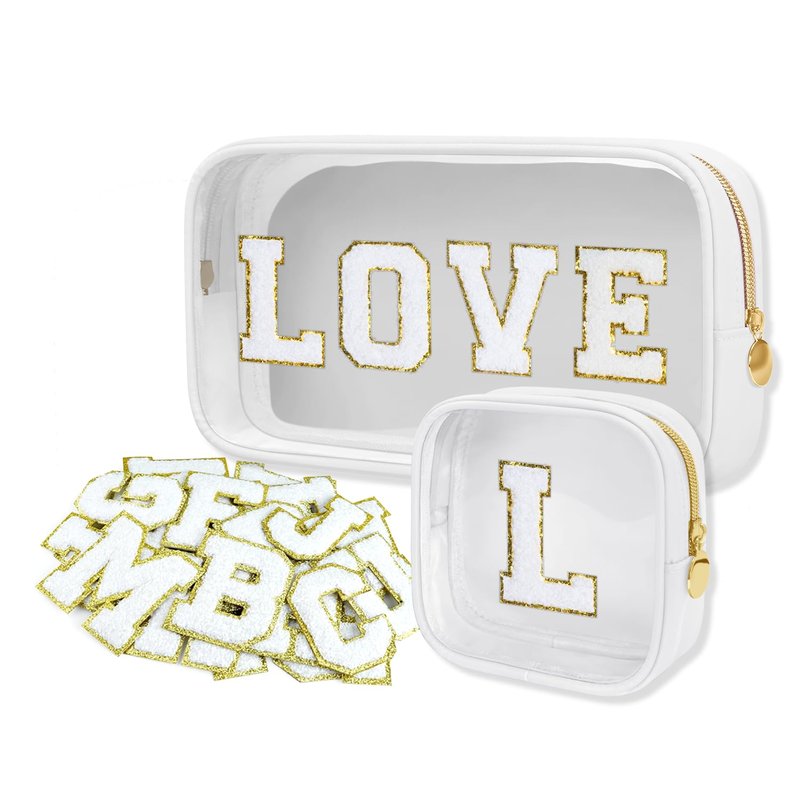 GODEAGLE Personalized Travel Makeup Bag Set, 2PCS Toiletry Bag & 26 Chenille Letters, Elegant Skincare Bag, DIY Bridal Shower Gifts for Engagement Wedding (White)