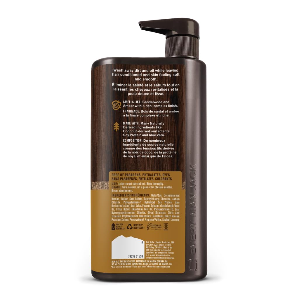 Every Man Jack Amber + Sandalwood Hydrating Mens 3-in-1 All Over Wash for All Skin and Hair Types - Body Wash, Shampoo and Conditioner with Naturally Derived Ingredients - 28.8oz (2 Pack)