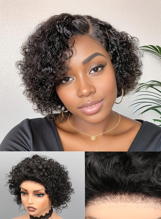 Pixie Cut Wig Human Hair Short Pixie Wigs for Black Women 5x5 HD Lace Closure Glueless Wigs Human Hair Pre Plucked Pre Cut 8 Inches Short Curly BOB Wig Human Hair (Natural Black)