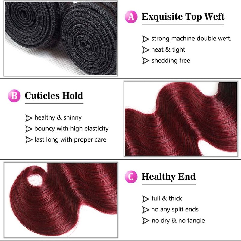 Burgundy Bundles Human Hair 1B99J Body Wave Bundles Unprocessed Brazilian Virgin Hair 3 Bundles 8 10 12 Inch Two Tone Black And Wine Red Bundles Human Hair Ombre Bundles
