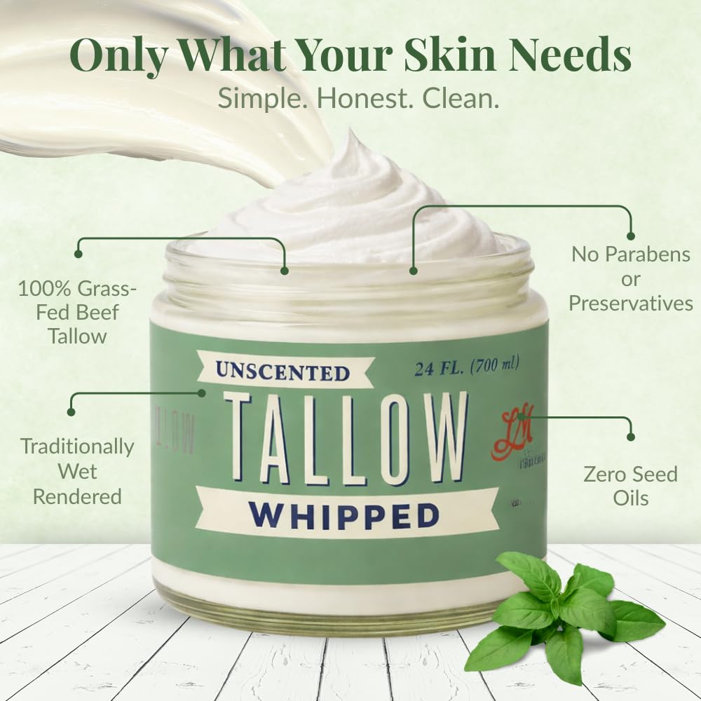 Whipped Tallow Face Cream | All-Natural Body Moisturizer for Dry Skin - 24oz, Unscented, USA Made