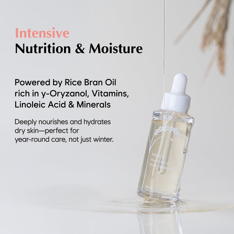 MIDHA Rice Facial Oil 30ml for skin moisturizing, deep, intense and immediate hydration and quick absorption with non greasy light oil like as rice bran oil