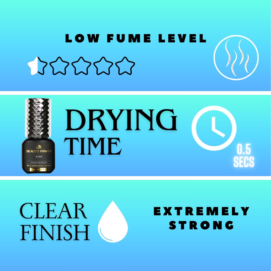 Eyelash Extension Adhesive Glue Star - Beauty Power - Extremely-Fast 0.5-1-Second Drying Time - 10 Weeks Retention - Professional-Grade, 0.17fl.oz / 5ml (Clear Finish)