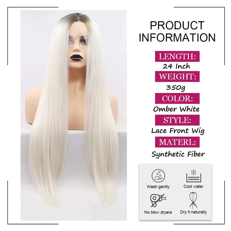 Angle Lucky Long Straight Platinum Blonde Lace Front Wig Synthetic Omber Blonde with Black Root Middle Part Wig Heat Resistant Fibre Realistic Hairline Daily Wigs for Women 24 Inch