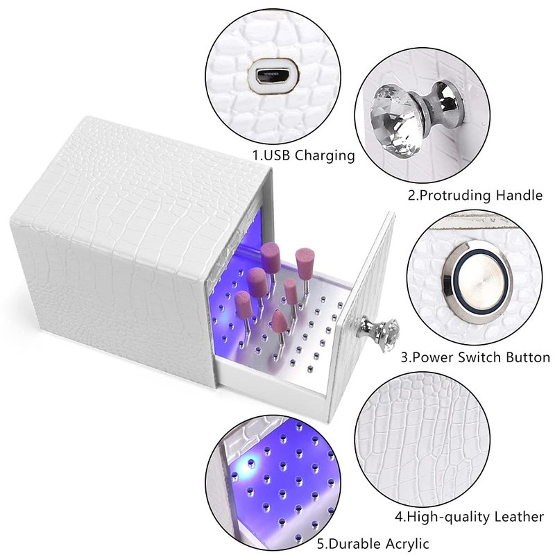 Nail Drill Bit Holder - Blue UV Light Box Dustproof Organizer | 48 Holes Acrylic Stand for Manicure Tools