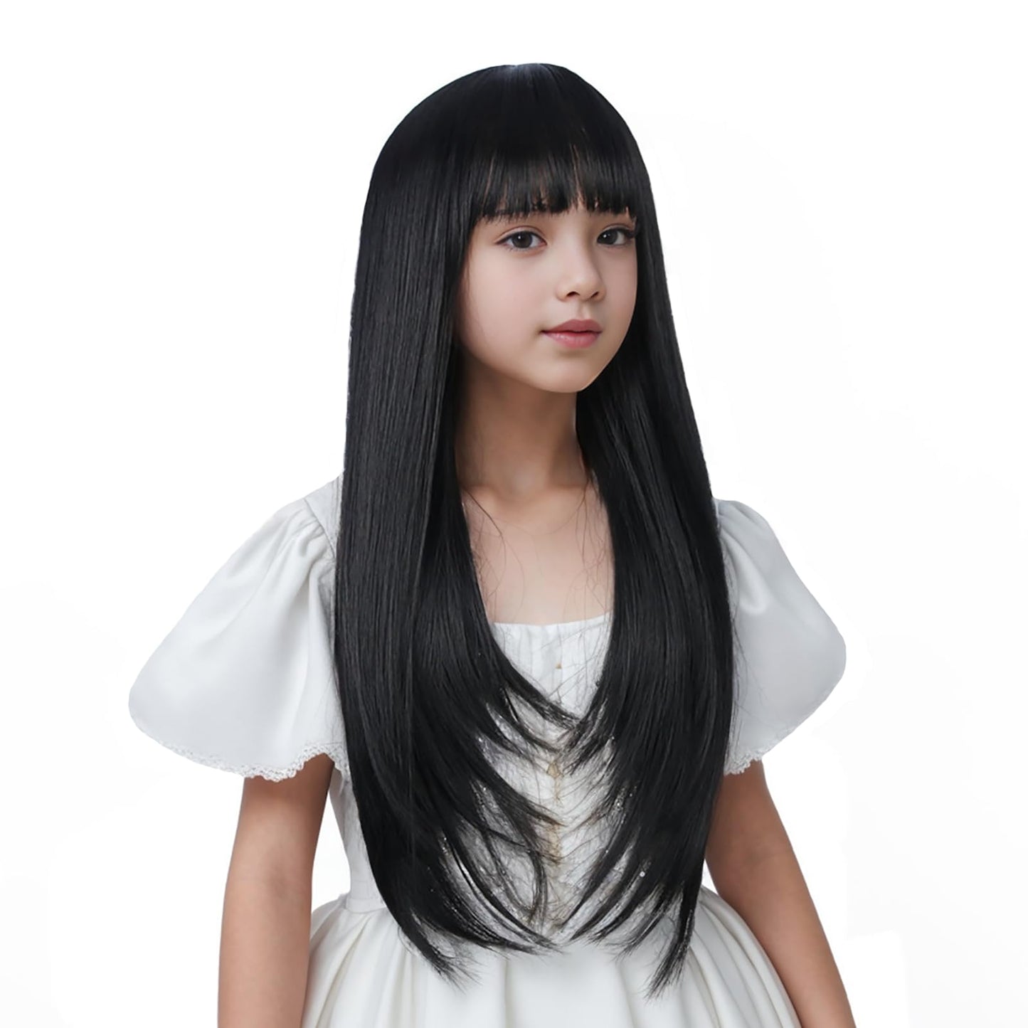 Edivd Black Wig for Child Long Natural Black Wig with Air Bangs for Girls Long Straight Wigs for Kids Heat Resistant Synthetic Wigs with Cap