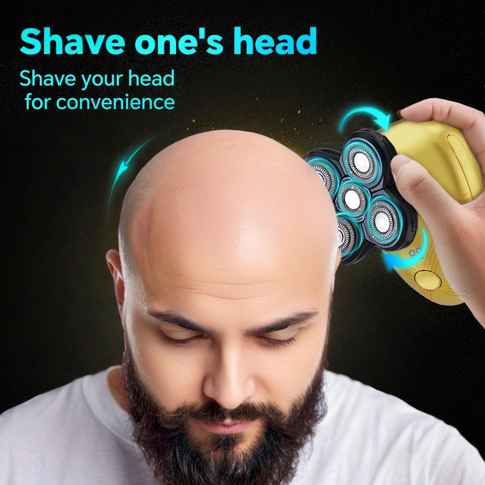 5-in-1 Electric Cordless Razor for Men | Bald Head Shaver Grooming Kit with Nose Trimmer & LED Display - Gold