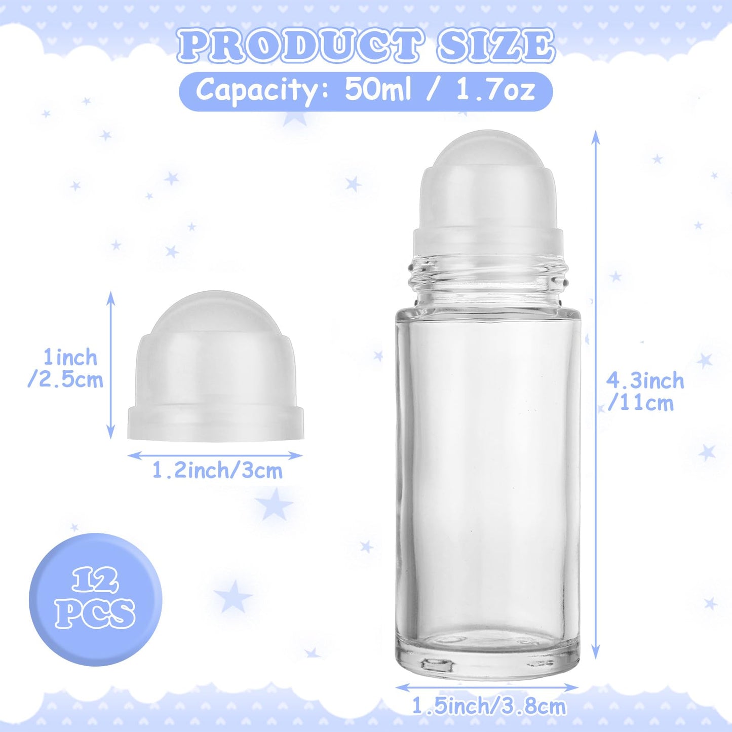 EATHEATY 12 PCS 50ML Refillable Roller Ball Applicator - Glass Empty Deodorant Roller Bottle with Lid - Roll On Bottles Containers for Perfume, Essential Oils, Cosmetic