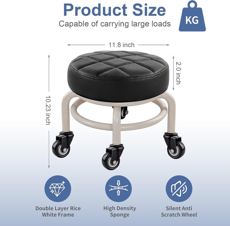 Round Rolling Low Stool - Comfortable PU Leather Swivel Stool with Thick Sponge Cushion | Black Upgrade Edition