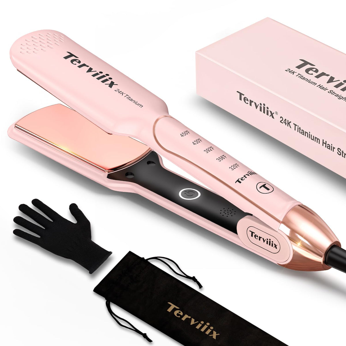 Terviiix Titanium Flat Iron Hair Straightener - ARC Non-Snagging for Smooth, One-Swipe Results, Salon-Grade Wide 1-3/4 Inch Straightening Iron Saves Time on Thick, Curly, Black & Natural Hair, Pink