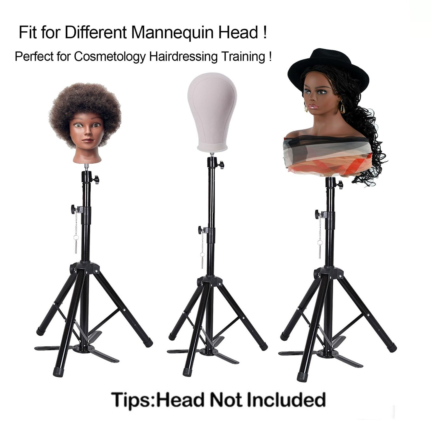 Heavy Duty Wig Stand Tripod, Wig Head Stand Mannequin Head Stand, Adjustable Holder for Styling Cosmetology Hairdressing Training (64 inch with no pedal)