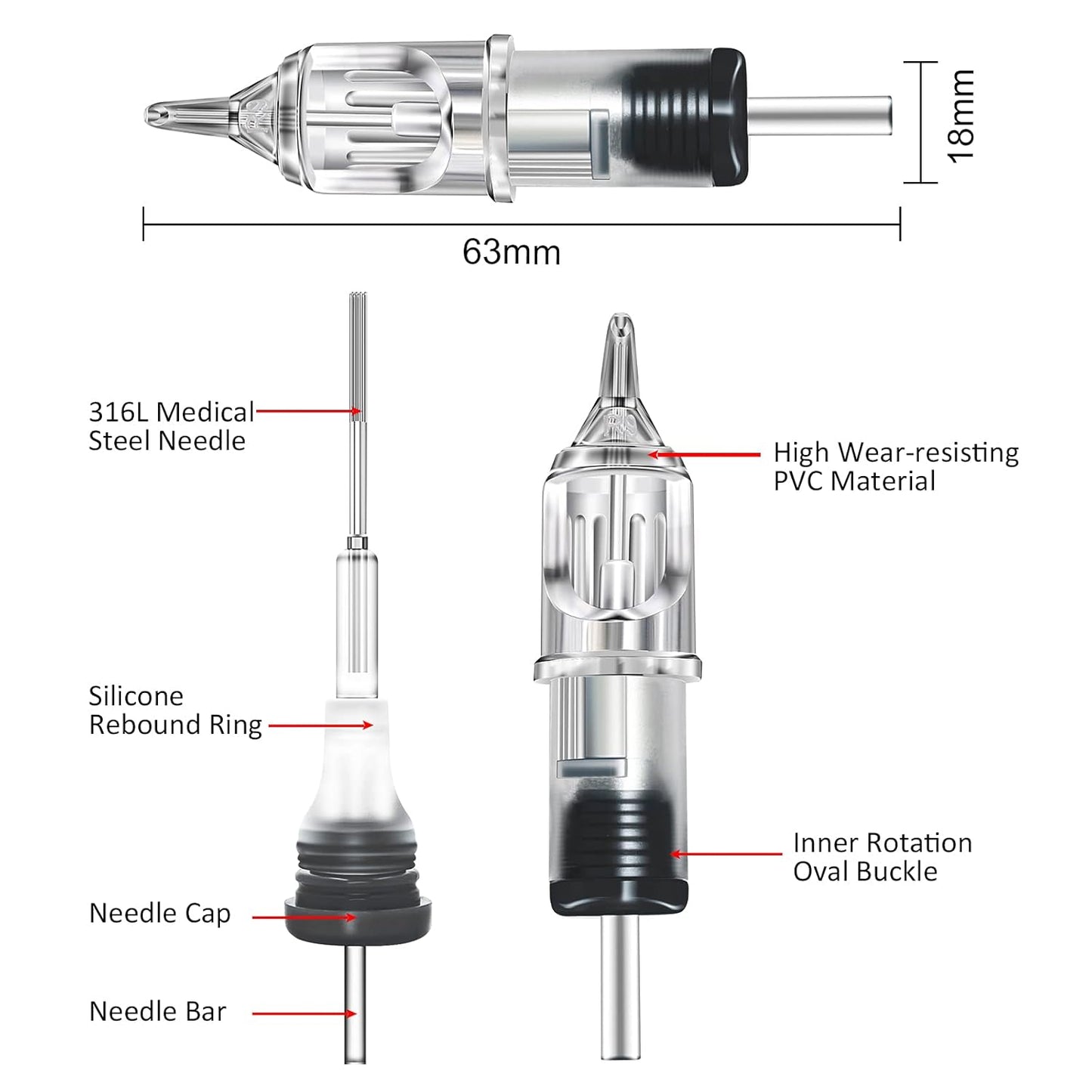 Tattoo Cartridge Needles - 100 Pcs Mixed Round Liner & Shader | 3RL-9RL, 3RS-7RS, Flat Magnum