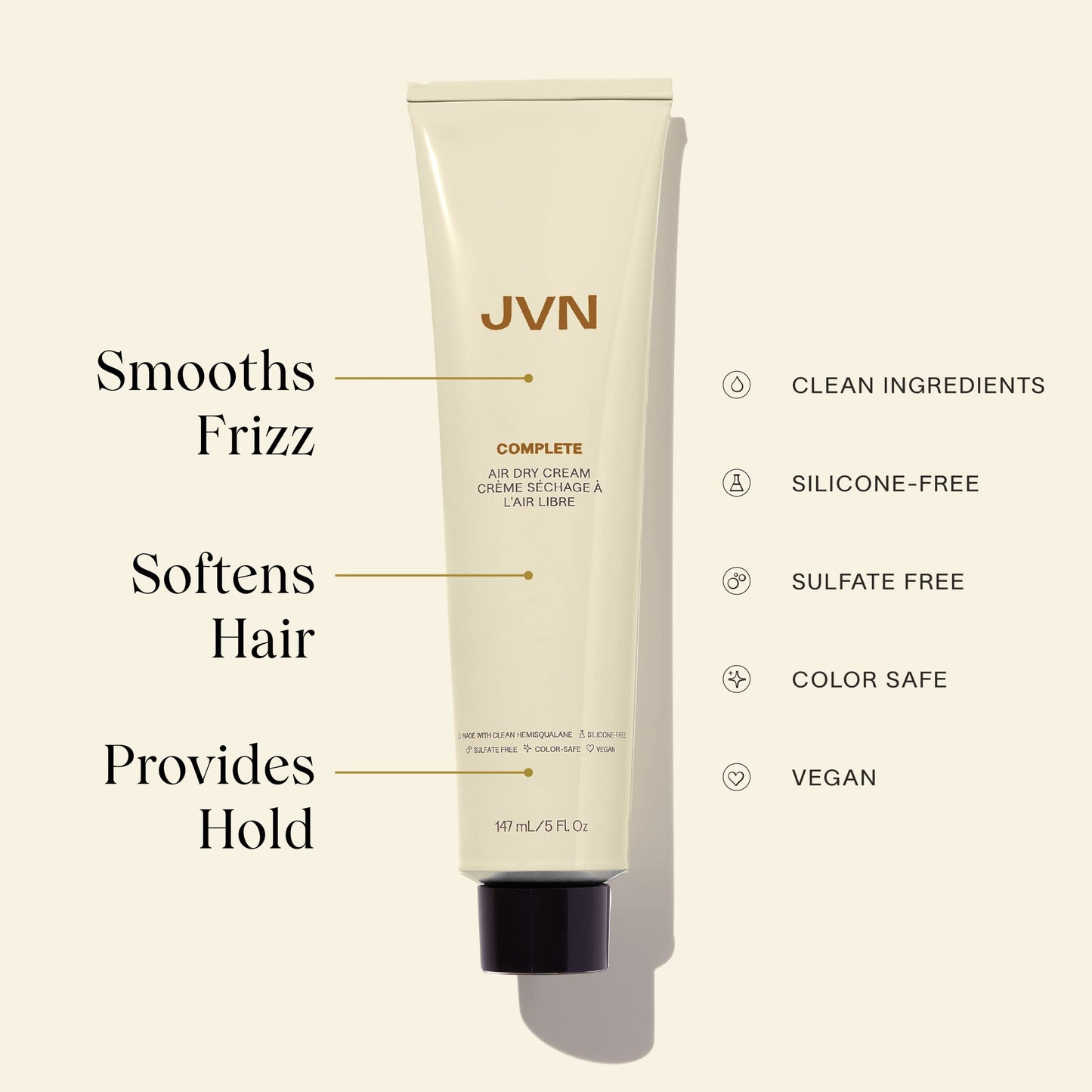 JVN No Heat Complete Air Dry Cream, 5 Fl Oz, Hair Smoothing Cream Enhances Your Natural Texture, Curl Cream and Wavy Hair Products, Silicone Free