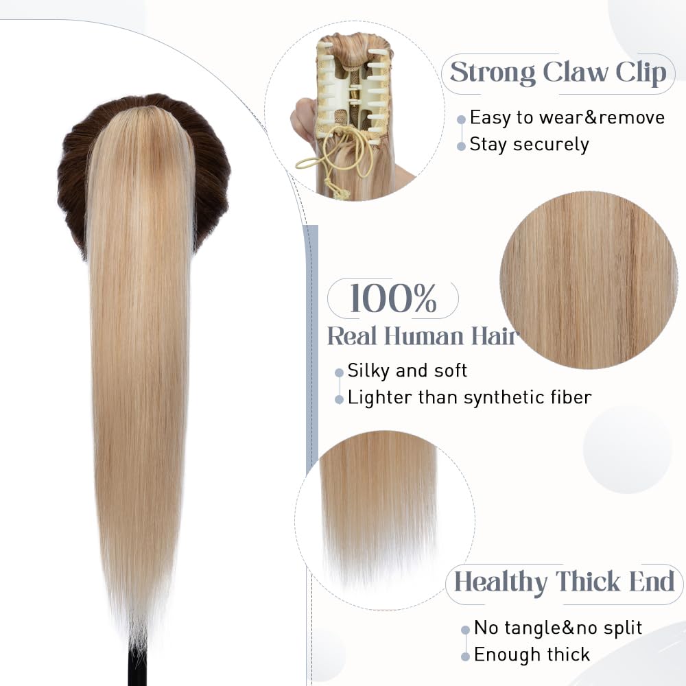 Rich Choices Ponytail Extension 100% Real Human Hair Wrap Around Remy Ponytail Extension for Women Clip In Long Pony tail Extensions Straight 13.5 Inch #18P613 Ash Blonde Highlighted Bleach Blonde