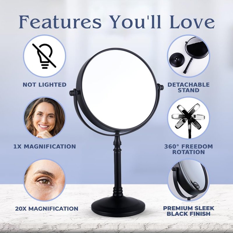 20X Magnified Makeup Mirror with Stand - Double Sided 20x and 1x Cosmetic Mirror for Make Up Desk, Dressing Table, Bathroom Countertop - 6" Wide & 12" Tall (Black)