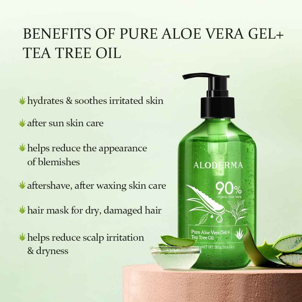 Aloderma Aloe Vera Gels Set, 2 Pieces - 300g Aloe Vera Gel + Tea Tree Oil, 45g Aloe Vera Gel - Hydrating, Moisturizing