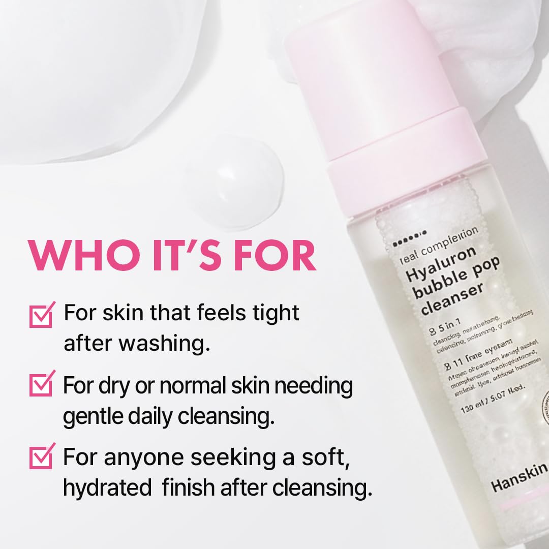 Hanskin Hyaluron Bubble Pop Cleanser – Korean Hydrating Foaming Face Wash with Hyaluronic Acid for Gentle Deep Cleansing, Softening Glow, pH-Balanced Daily Cleanser for Glass Skin | 5.07 fl oz