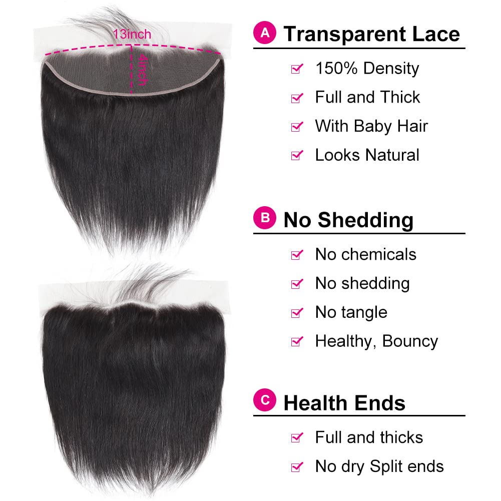 13x4 Ear to Ear Transparent HD Lace Frontal Closure 12A Unprocessed Brazilian Virgin Human Hair 16 Inch Silky Straight Full Lace Frontal Closure Pre-Plucked Natural Black Color