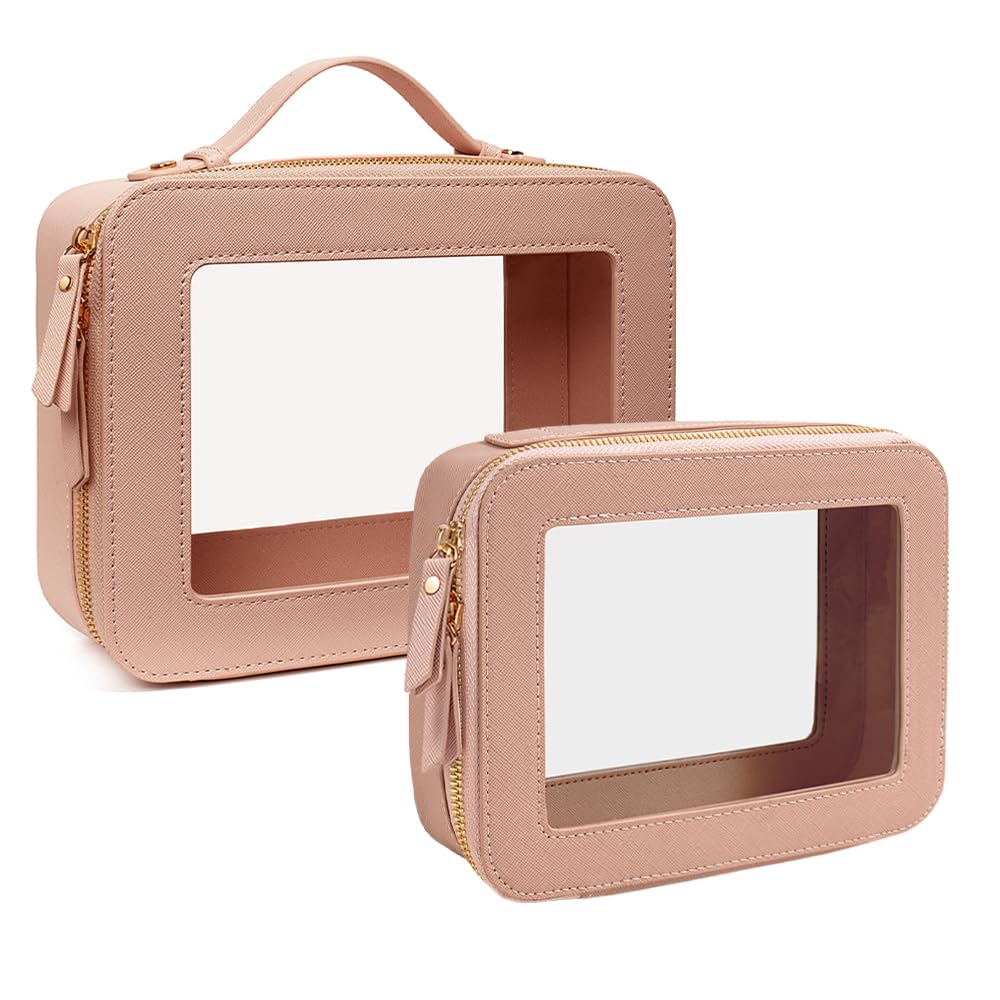 Clear Makeup Bag Set for Women, Transparent Travel Cosmetic Case Portable Skincare Toiletry Bag with Zipper Waterproof Makeup Pouch Car Organizers Car Accessories for Essentials (Dual Dark Pink)
