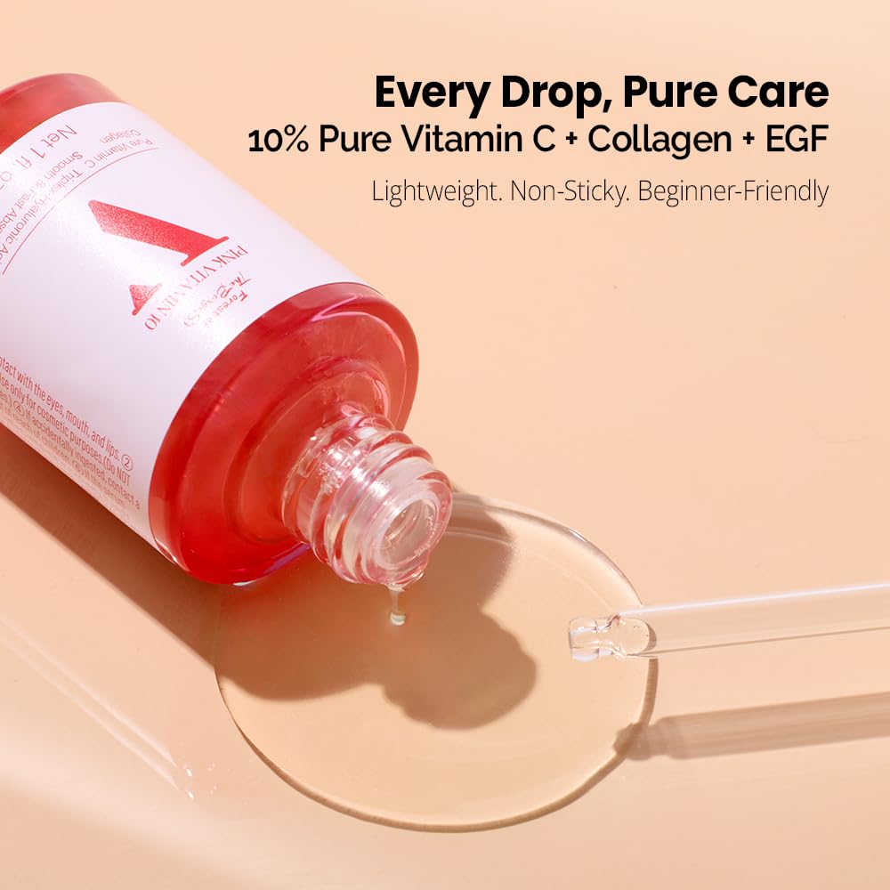 Forest of the Borges's Pink V10 Vitamin Serum 1.0 fl oz – 10% Pure Vitamin C with Niacinamide, Panthenol, Collagen, EGF & Hyaluronic Acid – Lightweight Korean Facial Serum for Daily Use.