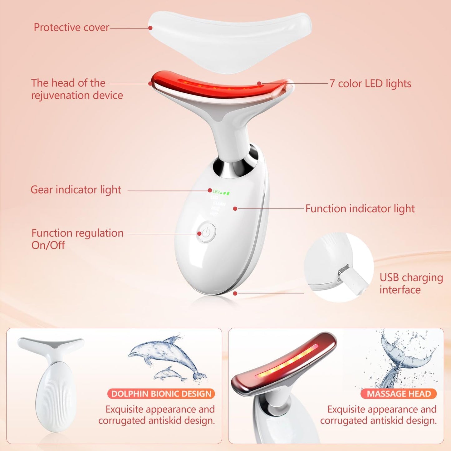 Face and Neck Massager Tool - 7-Color LED Skin Care Device for Rejuvenation, Lifting & Toning | White