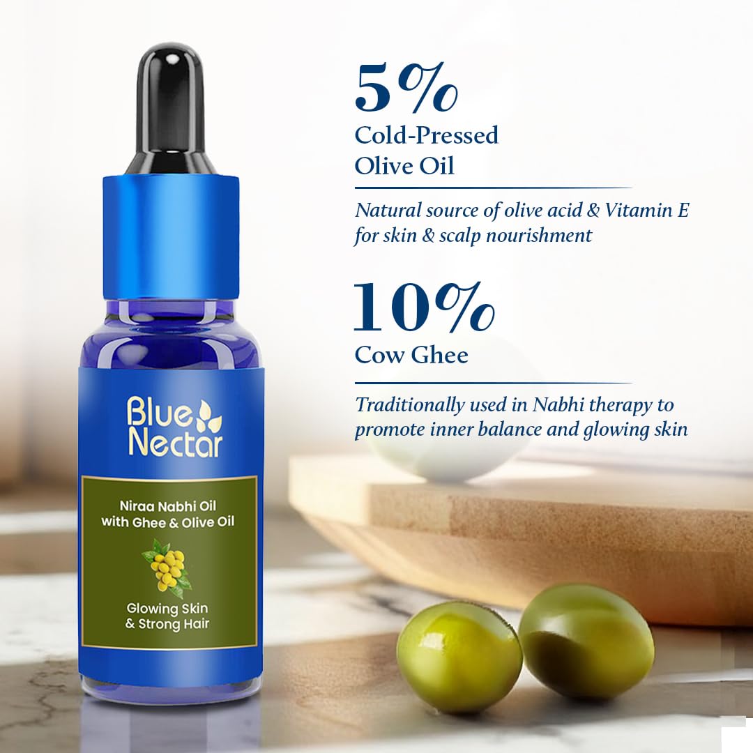 Blue Nectar Ayurveda Navel Oil with Ghee & Olive for Belly Oiling | Natural Belly Button (Nabhi) Oil for Radiant Skin & Deep Hydration (22 Herbs, 0.33Fl Oz)