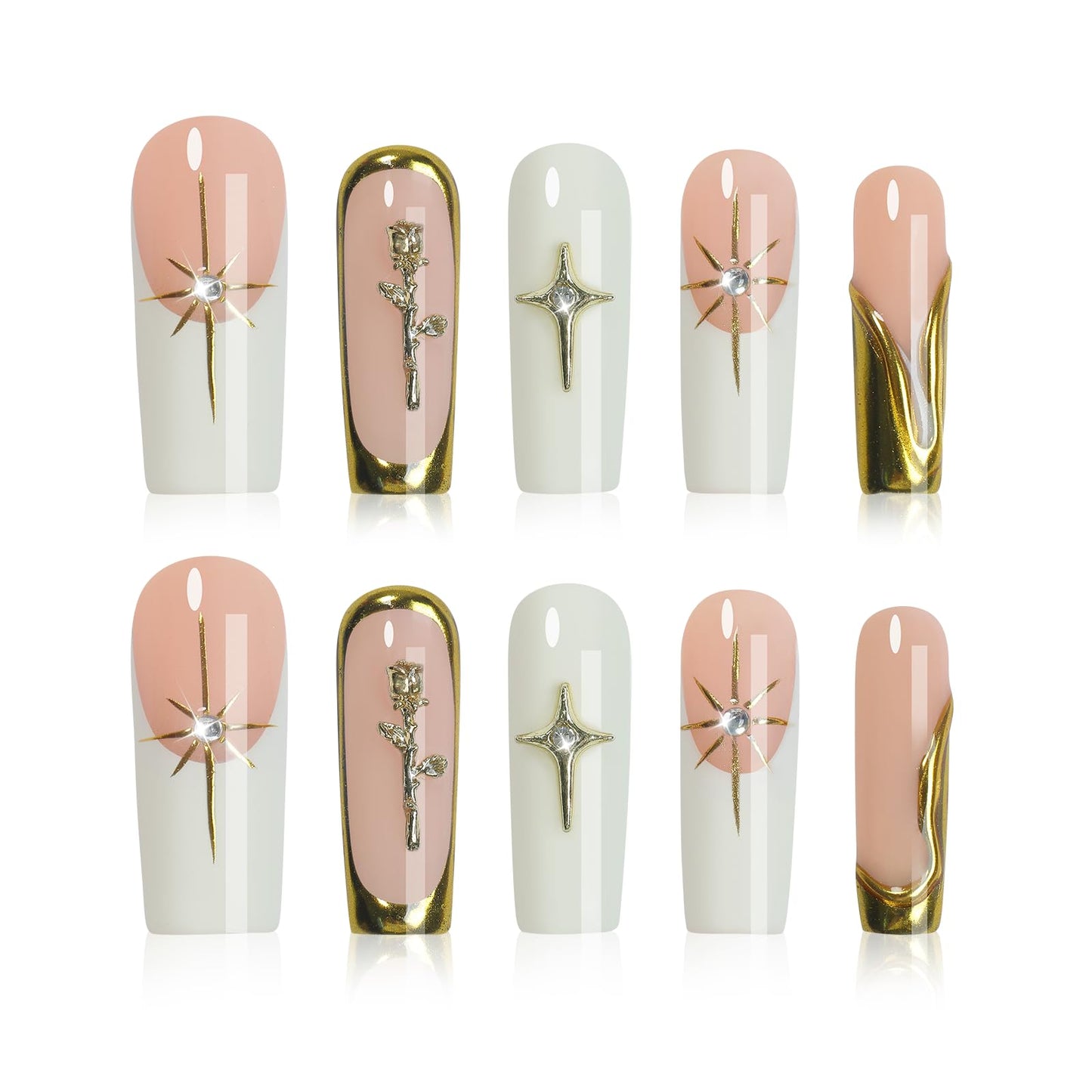 HOMSERA Handmade XL White Press On Nails Long Square, French Tips 3D Sun Golden Flower Charms Design, 10PCS Luxury Acrylic Fake Nails with Sparkling Crystals, Reusable Full Cover Glam Nails for Women