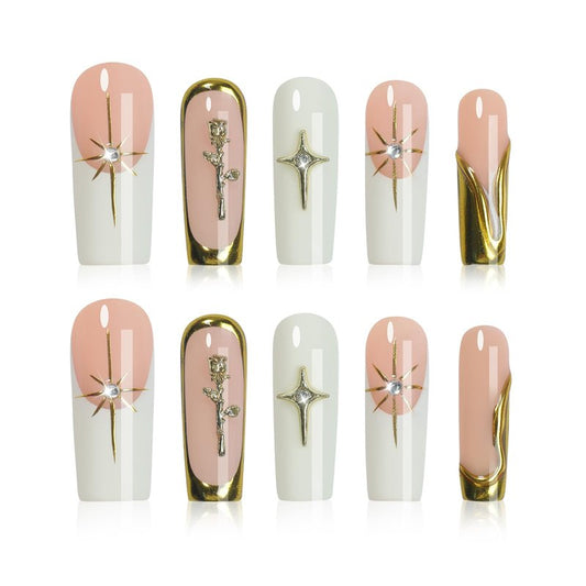 HOMSERA Handmade XL White Press On Nails Long Square, French Tips 3D Sun Golden Flower Charms Design, 10PCS Luxury Acrylic Fake Nails with Sparkling Crystals, Reusable Full Cover Glam Nails for Women