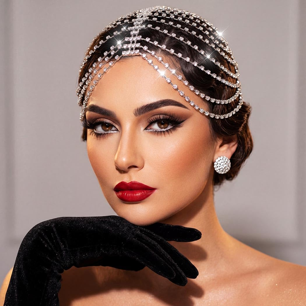 CAKURE 1920s Crystal Cap Headpiece Flapper Cap Headband Roaring 20s Headpiece Rhinestone Art Deco Party Hair Accesories for Women (b-silver, one size)