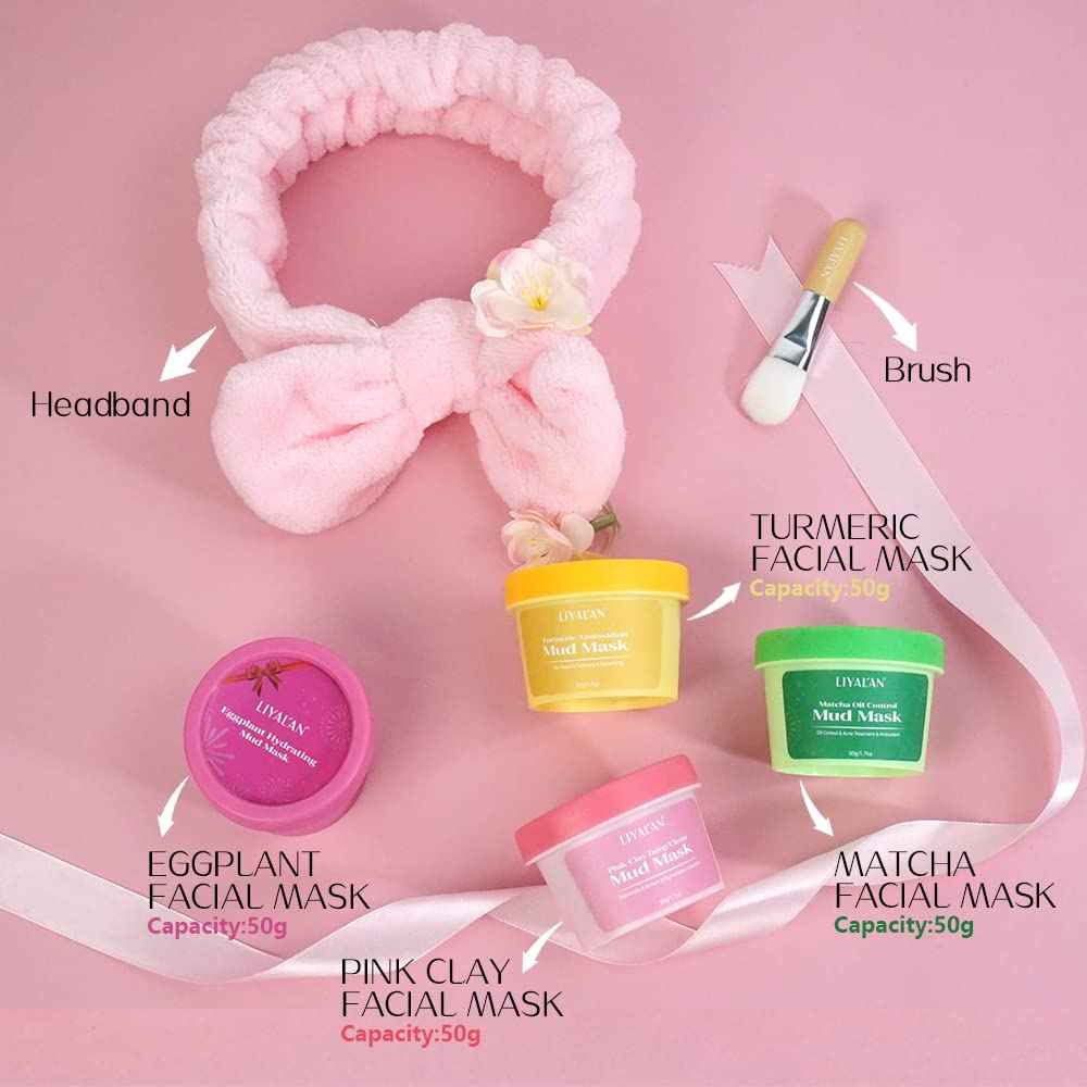 LIYALAN Face Clay Mask Set,Matcha Facial Mud,Eggplant Rose Face Skin Care, Turmeric Acne Facial Masks Gifts for Women, Deep Cleansing Pink 1.76 oz 4 pack