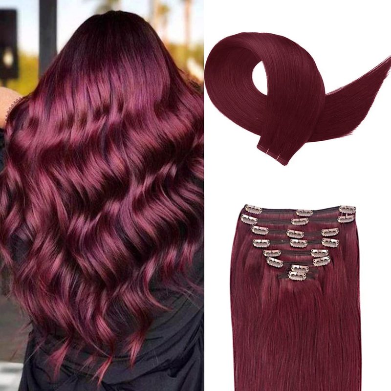 Burgundy Clip-In Hair Extensions | Real Human Hair 14-Inch Silky Straight 8 Pcs - Wine Red 99J, 60g